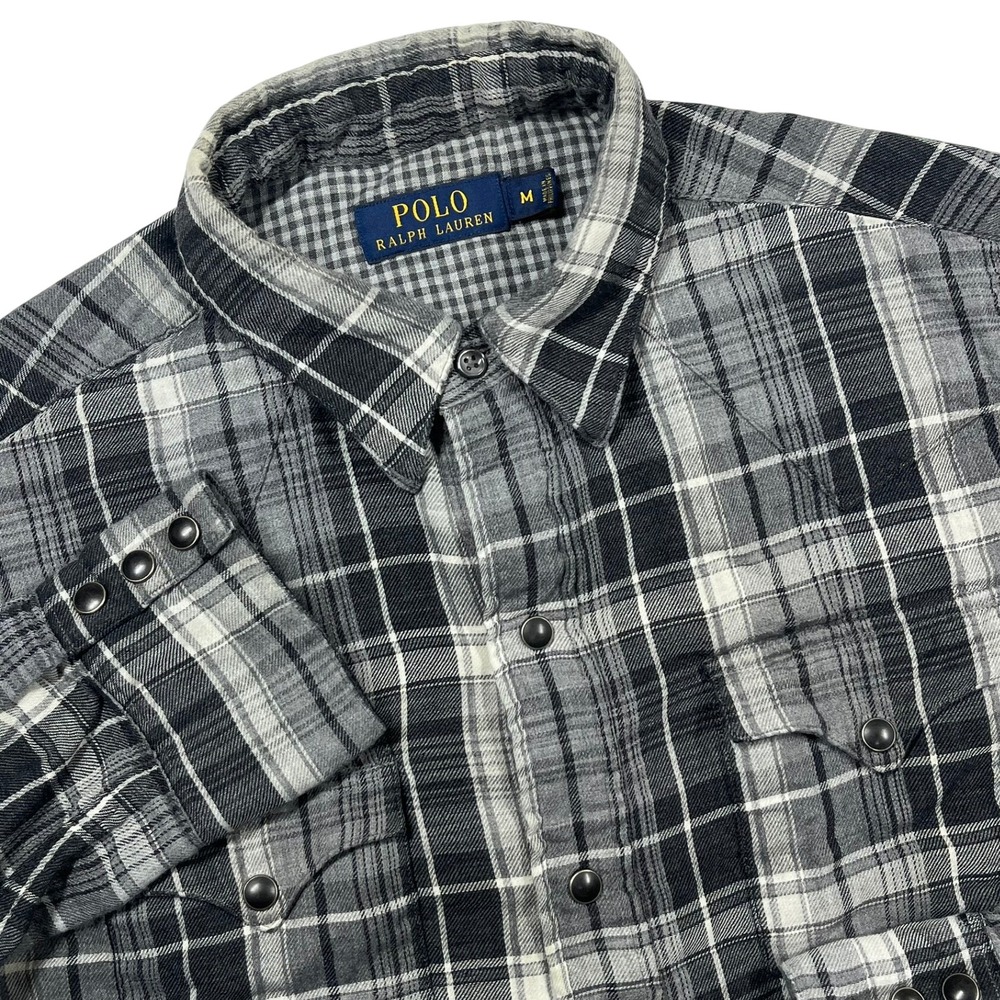 Polo Ralph Lauren Western Shirt Mens M Gray Plaid Snap Front Cotton Americana